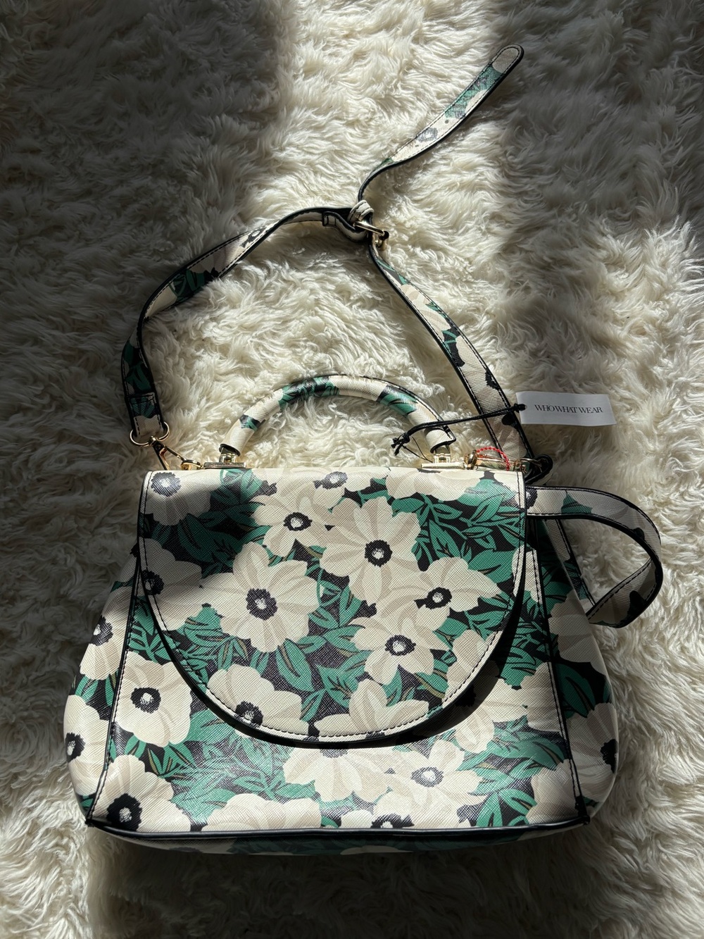 Who What Wear Cream & Green Floral Top-Handle Satchel